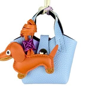 Mini Leather Bag For AirPods Case  With Tiny Dachshund As Decor Baby  Blue Set.
